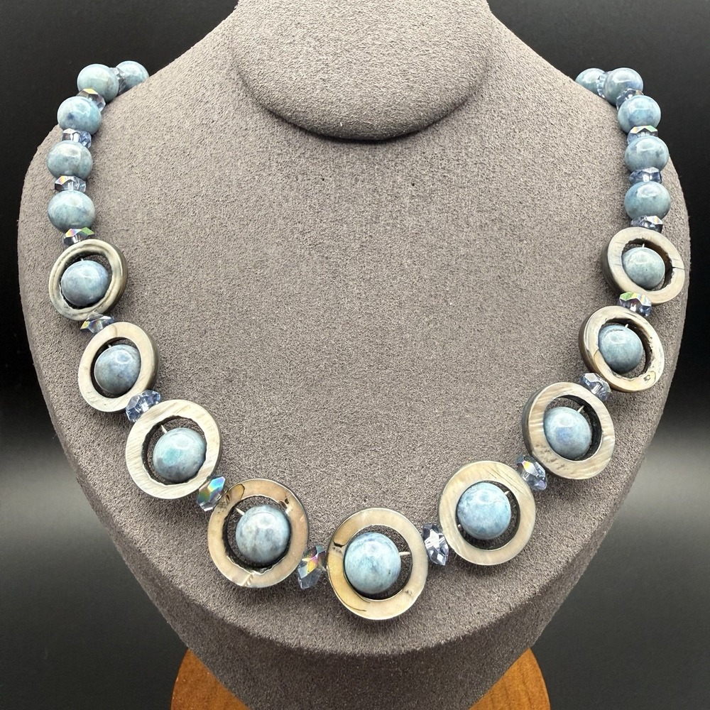 Vintage Blue Bead & Shell Ring Statement Necklace AB Crystal Spacer Toggle 18in